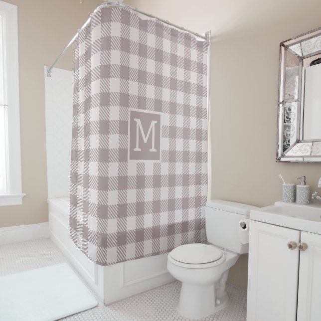 Farmhouse Buffalo Check Plaid Beige Monogram  Shower Curtain (In Situ)