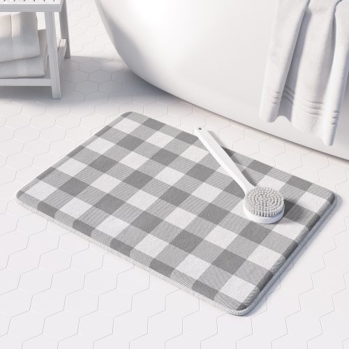 Farmhouse Buffalo Check Plaid Neutral Gray White Bath Mat