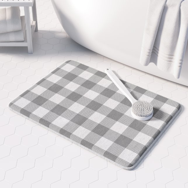 Farmhouse Buffalo Check Plaid Neutral Gray White Bath Mat (Creator Uploaded)