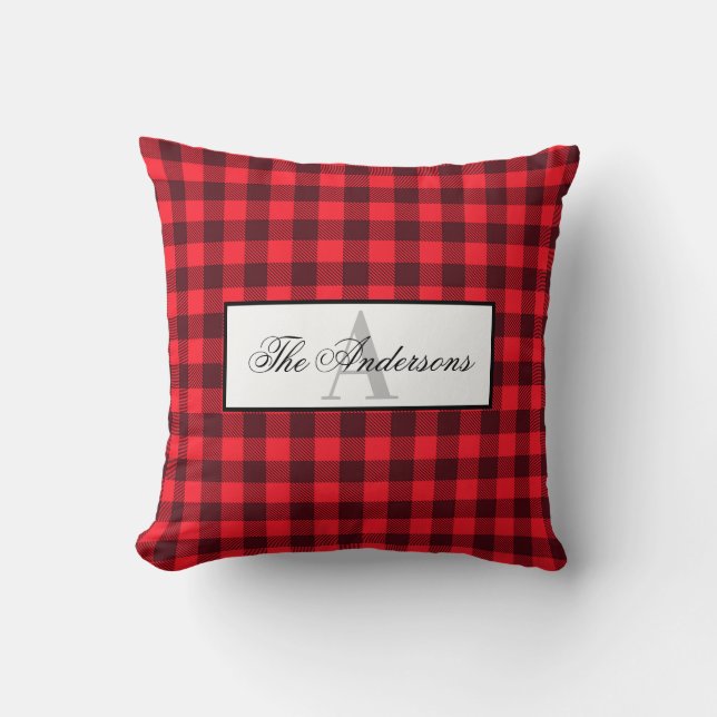 Farmhouse Buffalo Plaid Family Name & Monogram Throw Pillow (Front)