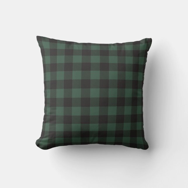Farmhouse Buffalo Plaid Green and Black Throw Pillow (Front)