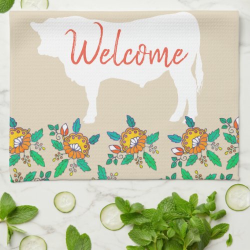 Farmhouse Bull Cow Silhouette  Country Flowers Kitchen Towel