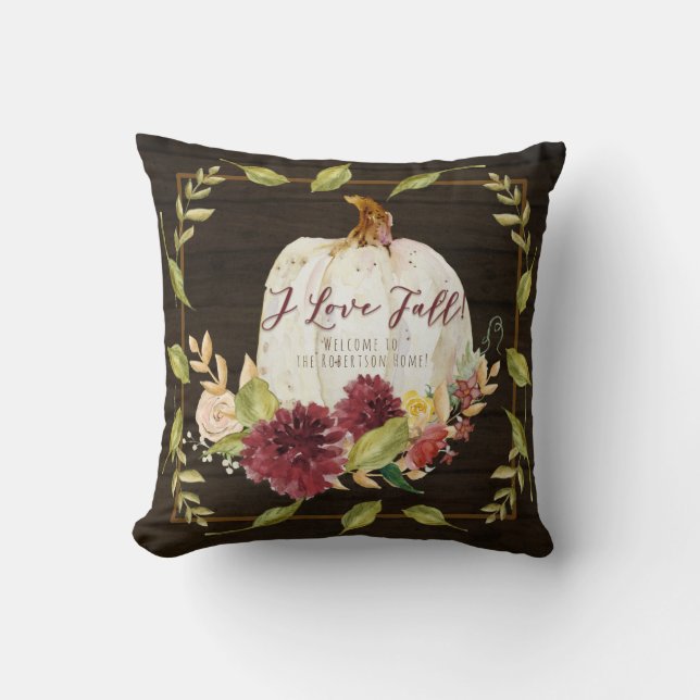 Farmhouse Burgundy Floral Love Fall Pumpkin Wood Throw Pillow (Front)