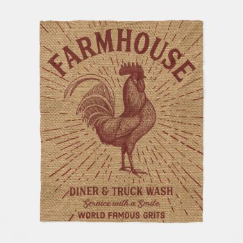 Farmhouse Burlap Print With Rooster Fleece Blanket by MarceeJean at Zazzle
