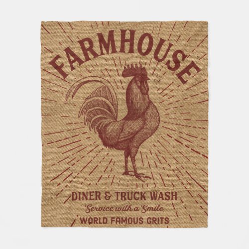 Farmhouse Burlap Print with Rooster Fleece Blanket