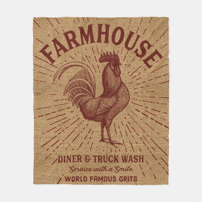 Farmhouse Burlap Print with Rooster Fleece Blanket (Front)