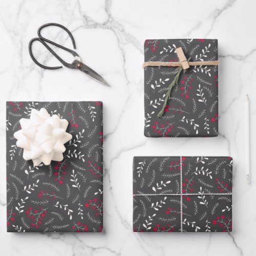 Farmhouse charcoal grey red rustic foliage pattern wrapping paper sheets