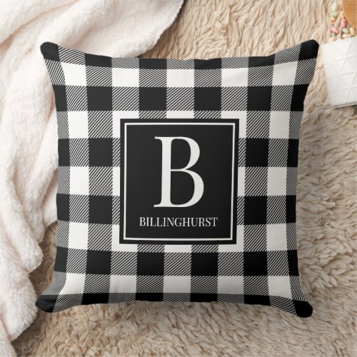 Farmhouse Check Black  White Plaid Monogrammed Throw Pillow