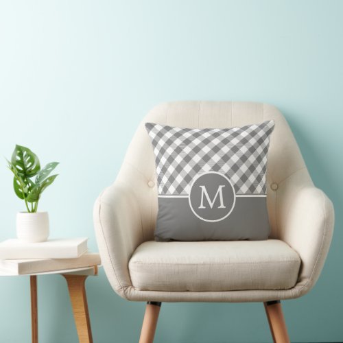 Farmhouse Check Gingham Plaid Gray White Monogram Throw Pillow