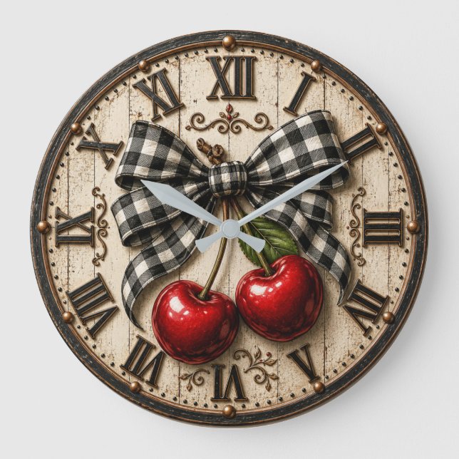 Farmhouse Cherry Rustic Buffalo Plaid Kitchen Large Clock (Front)