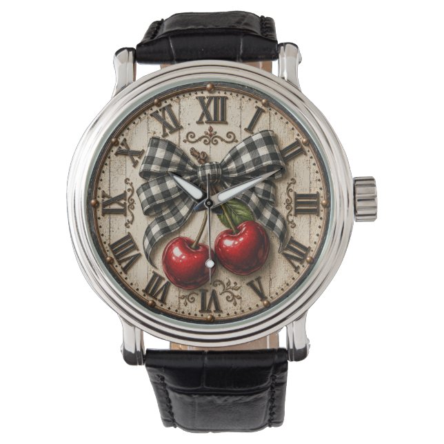 Farmhouse Cherry Rustic Buffalo Plaid Kitchen Watch (Front)