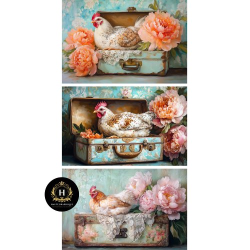 Farmhouse Chic Chicken & Peony Decoupage  Wrapping Paper Sheets