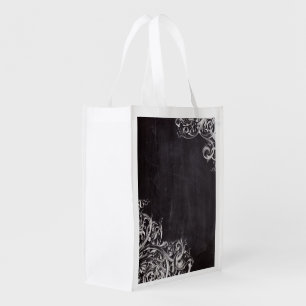 farmhouse chic flourish swirls chalkboard monogram grocery bag
