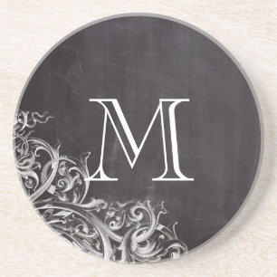 farmhouse chic flourish swirls chalkboard monogram sandstone coaster