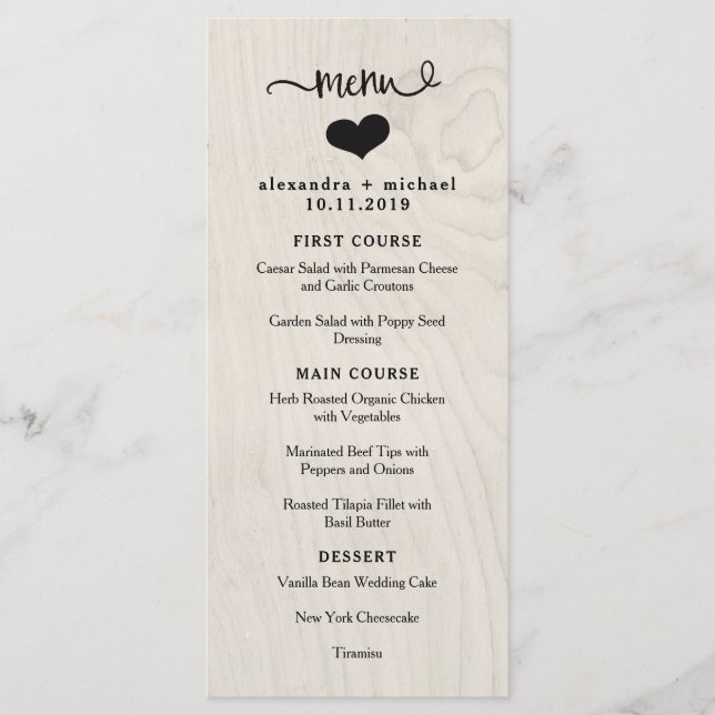 Farmhouse Chic | White Wood and Heart Wedding Menu (Front)
