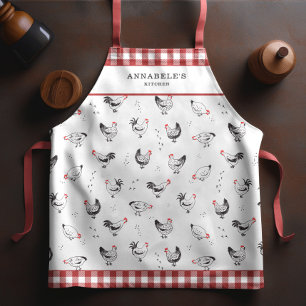 Farmhouse Chicken Pattern Red Check Monogram Apron
