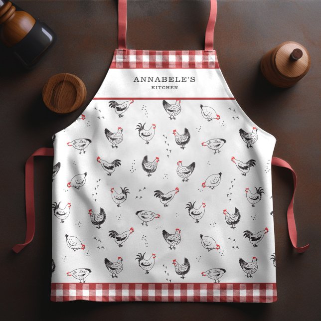 Farmhouse Chicken Pattern Red Check Monogram Apron (Creator Uploaded)