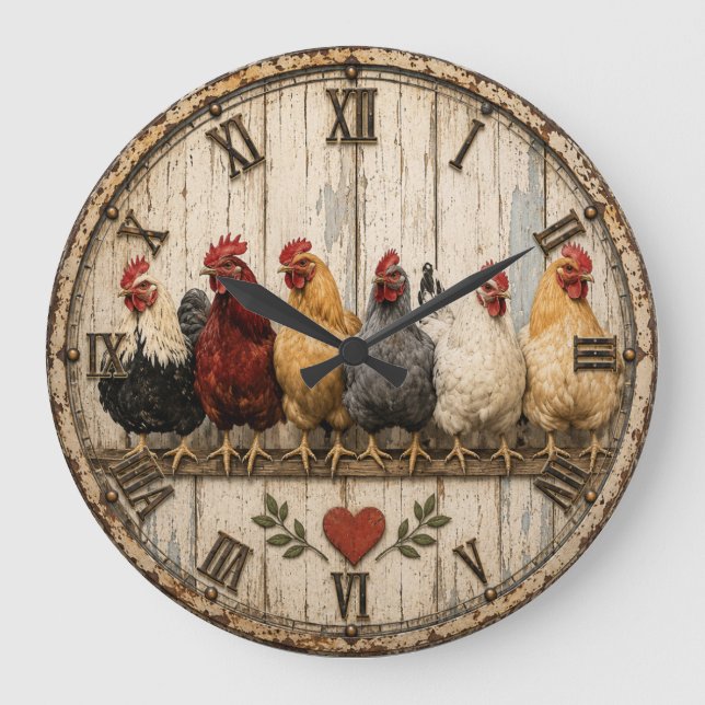 Farmhouse Chicken Rustic  Large Clock (Front)