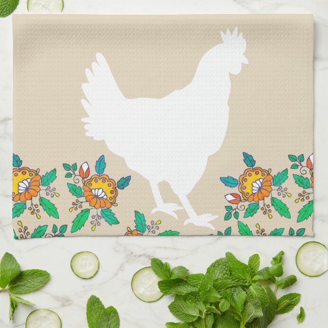 Farmhouse Chicken Silhouette & Country Flowers Kitchen Towel (Folded)