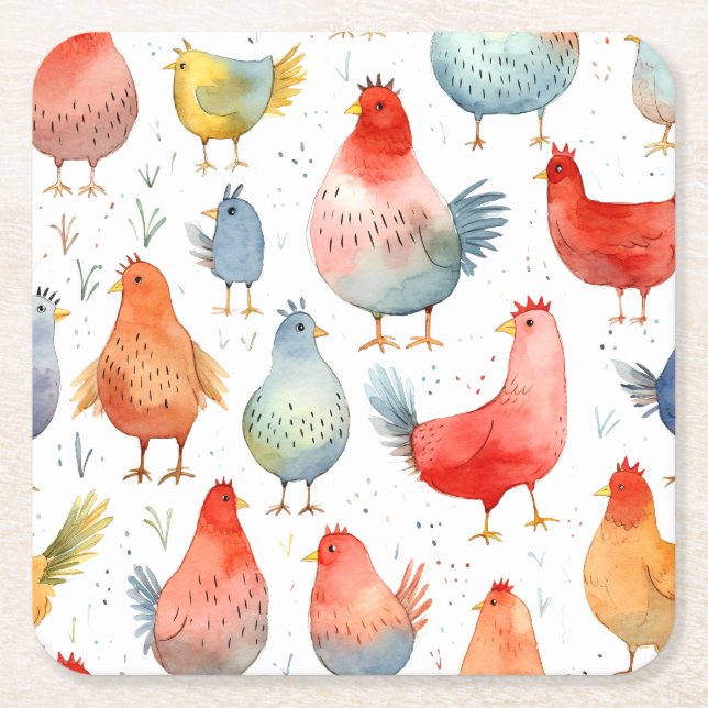 Farmhouse Chickens Square Paper Coaster (Front)
