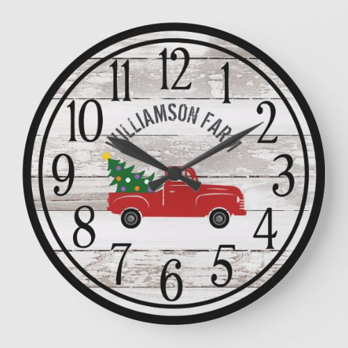 Farmhouse Chippy Wood Christmas Truck Family Name Large Clock