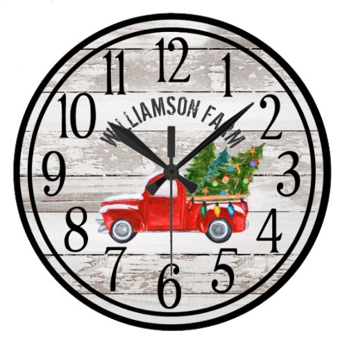 Farmhouse Chippy Wood Christmas Truck Family Name  Large Clock