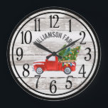 Farmhouse Chippy Wood Christmas Truck Family Name  Large Clock<br><div class="desc">Farmhouse Chippy Wood Christmas Truck Family Name Large Clock - Clock features a vintage truck carrying Christmas trees, on chippy, distressed wood and is customized with your name. What a lovely addition to your Christmas decor. Clock would make a very special gift. Our clock template makes it very simple to...</div>