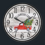 Farmhouse Chippy Wood Christmas Truck Family Name  Large Clock<br><div class="desc">Farmhouse Chippy Wood Christmas Truck Family Name Large Clock - Clock features a vintage truck carrying Christmas trees, on chippy, distressed wood and is customized with your name. What a lovely addition to your Christmas decor. Clock would make a very special gift. Our clock template makes it very simple to...</div>