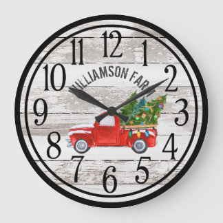 Farmhouse Chippy Wood Christmas Truck Family Name  Large Clock