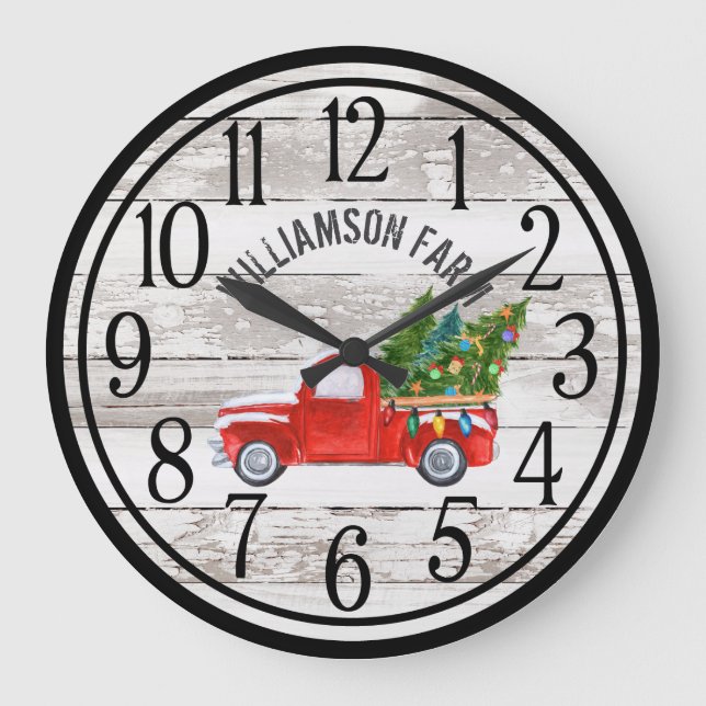 Farmhouse Chippy Wood Christmas Truck Family Name  Large Clock (Front)