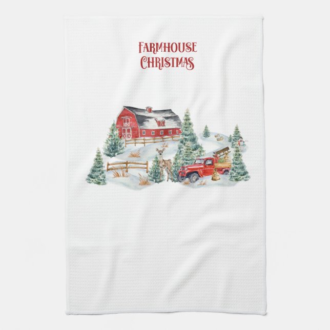 Farmhouse Christmas Barn and Truck Snow Scene Kitchen Towel (Vertical)