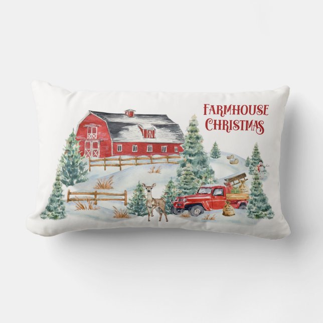 Farmhouse Christmas Barn and Truck Snow Scene Lumbar Pillow (Front)