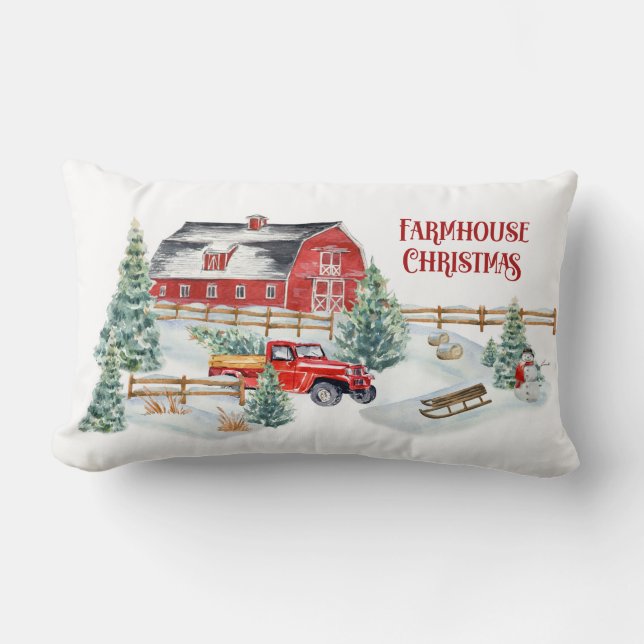Farmhouse Christmas Barn and Truck Snow Scene Lumbar Pillow (Front)