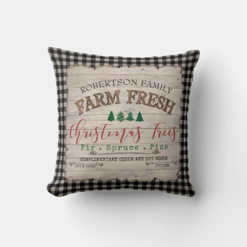 Farmhouse Christmas Buffalo Plaid Tree Farm Family Throw Pillow