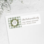 Farmhouse Christmas Cotton Wreath Holiday Address Label<br><div class="desc">Custom-designed address label for the holiday season featuring personalized monogram with rustic farmhouse style Christmas cotton wreath design on sage buffalo check pattern.</div>