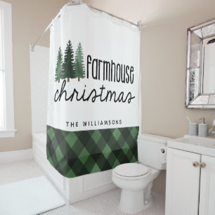 Farmhouse Christmas Country Plaid Family Name Shower Curtain