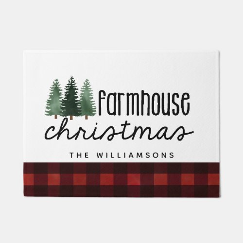 Farmhouse Christmas Country Plaid Family Name Wood Doormat