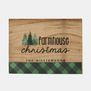 Farmhouse Christmas Country Plaid Family Name Wood Doormat