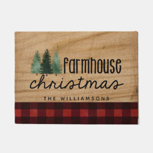 Farmhouse Christmas Country Plaid Family Name Wood Doormat
