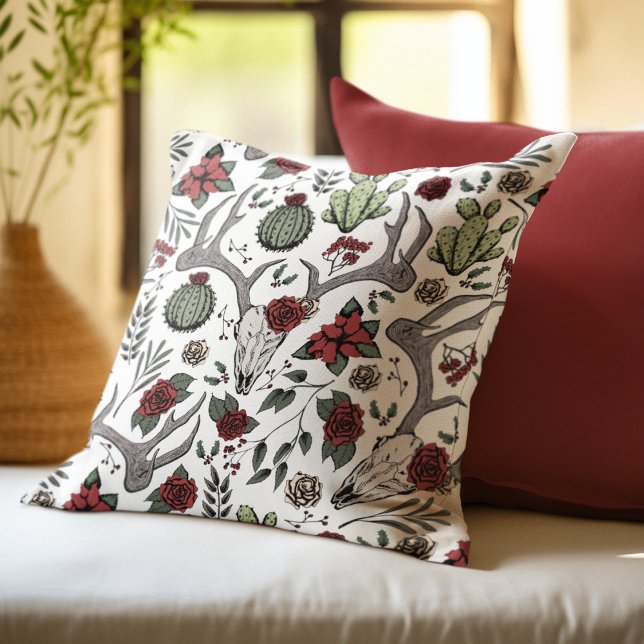 Farmhouse Christmas Floral Deer Skull Antlers Throw Pillow (Festive Southwestern Christmas Pillow. Chic Deer Skull, Antlers, Red Roses, Cacti & Poinsettias.)