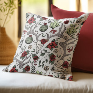 Farmhouse Christmas Floral Deer Skull Antlers Throw Pillow