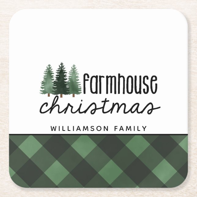 Farmhouse Christmas Green Plaid Family Name  Bever Square Paper Coaster (Front)