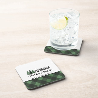 Farmhouse Christmas Green Plaid Family Name  Beverage Coaster