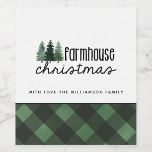 Farmhouse Christmas Green Plaid Family Name Gift Wine Label