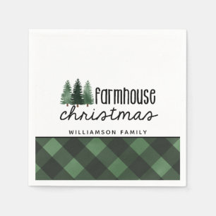 Farmhouse Christmas Green Plaid Family Name  Napkins