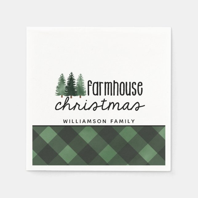 Farmhouse Christmas Green Plaid Family Name  Napkins (Front)
