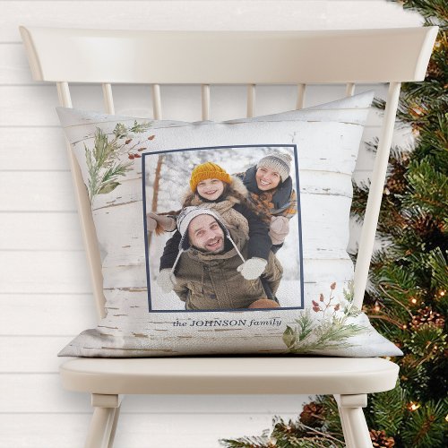 Farmhouse Christmas Natural Navy Blue Plaid Photo Throw Pillow