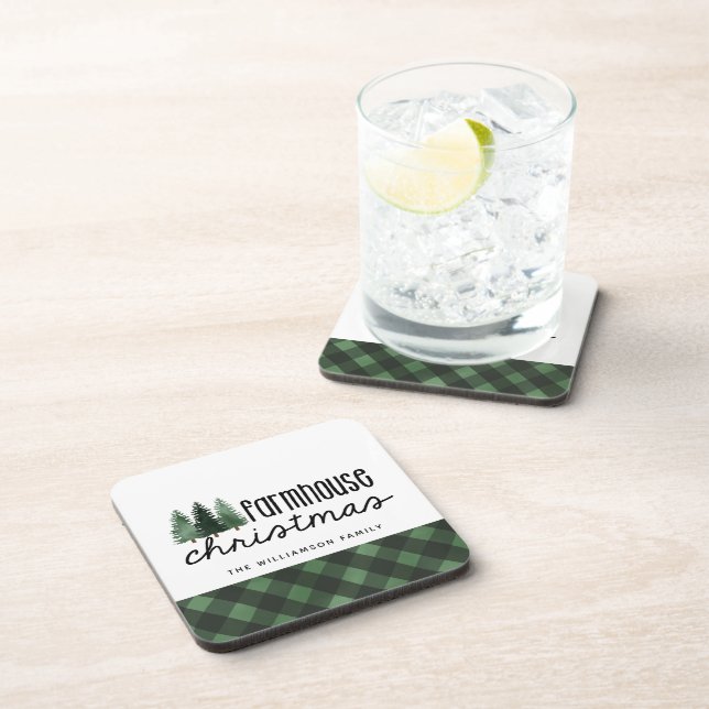 Farmhouse Christmas Plaid Family Name Coaster Set  (Right Side)
