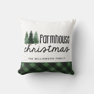 Farmhouse Christmas Plaid Family Name Throw Pillow