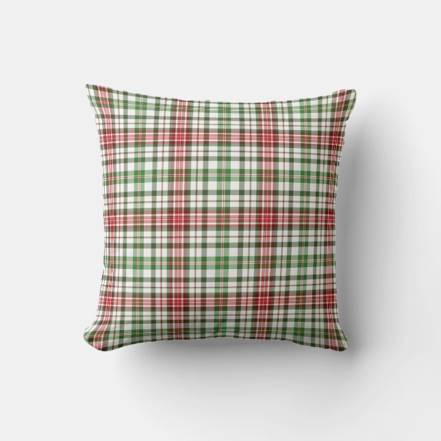 Farmhouse Christmas Plaid Red Green & Off White Throw Pillow (Front)